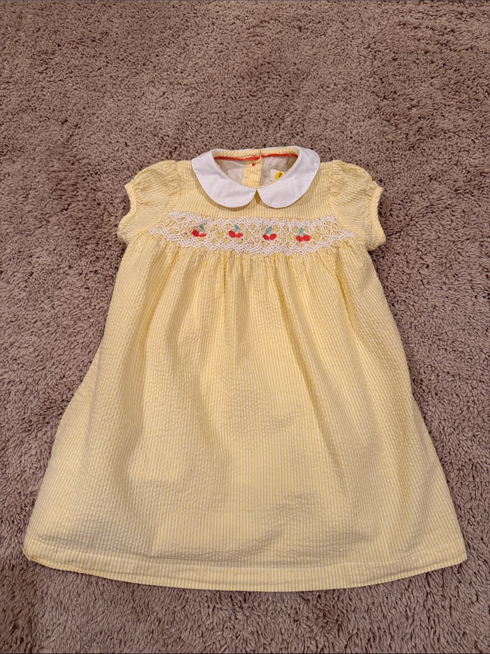 Yellow Baby Boden Smocked Seersucker  Cotton Dress with Cherries size 6-12 month